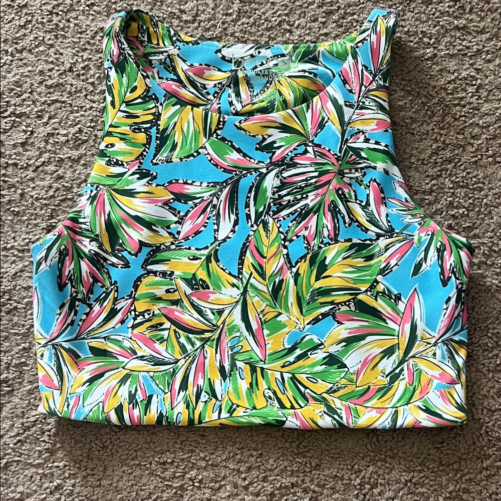 BECCA Tropical Print Crop Tank Top in Blue, Green, Yellow, Pink